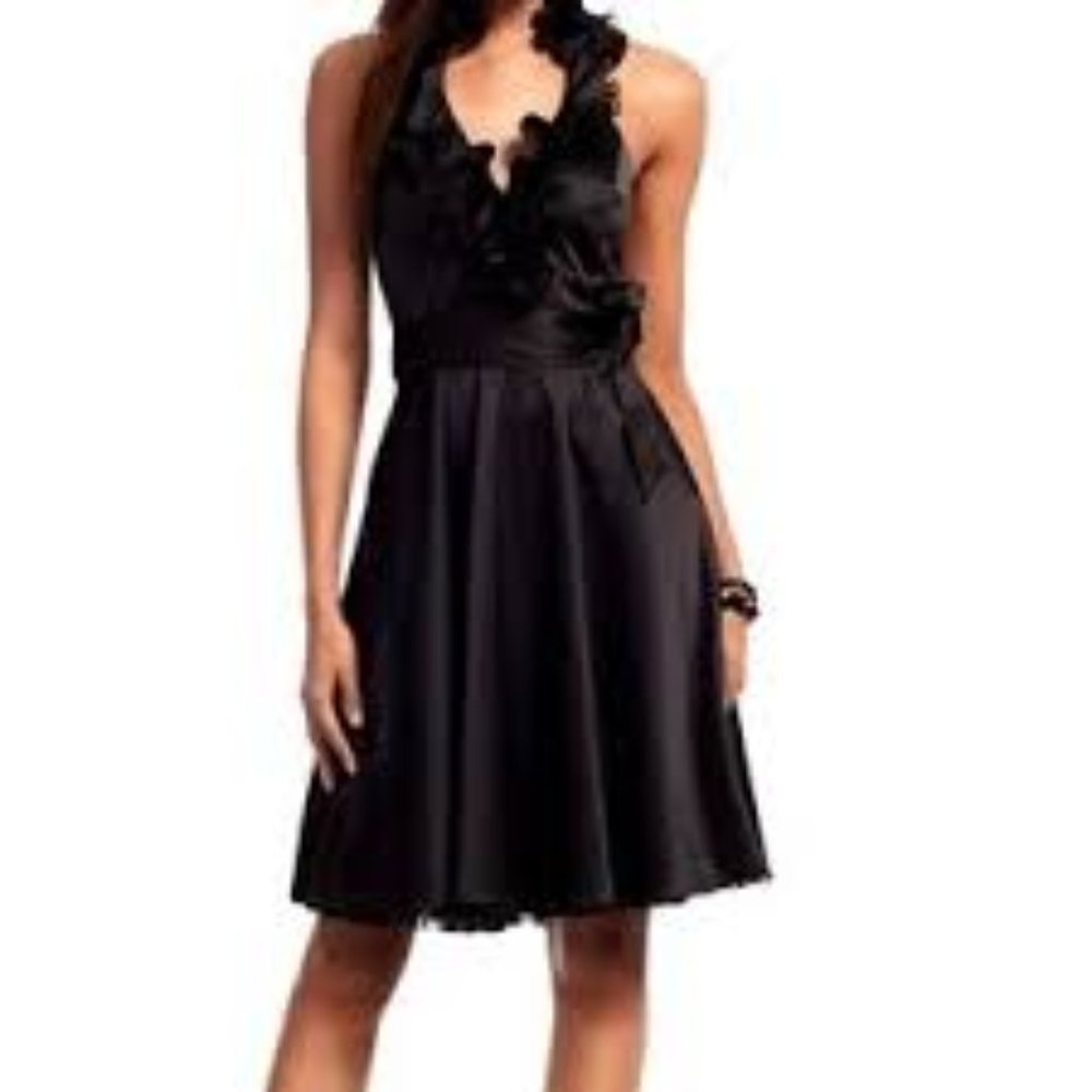 White House Black Market Black Satin Ruffle Halter Neck Fit & Flare Dress 8